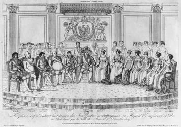 Croquis représentant Napoléon Ier et les souverains au bal donné par la ville de Paris le 4 décembre 1809